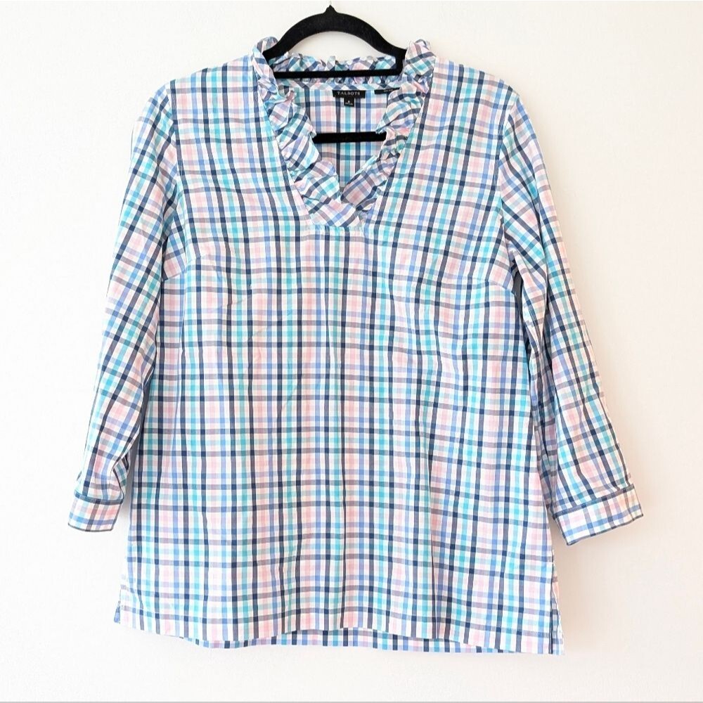 Talbots Ruffle-Neck Popover Tunic-Gingham Spring Pastel Shirt